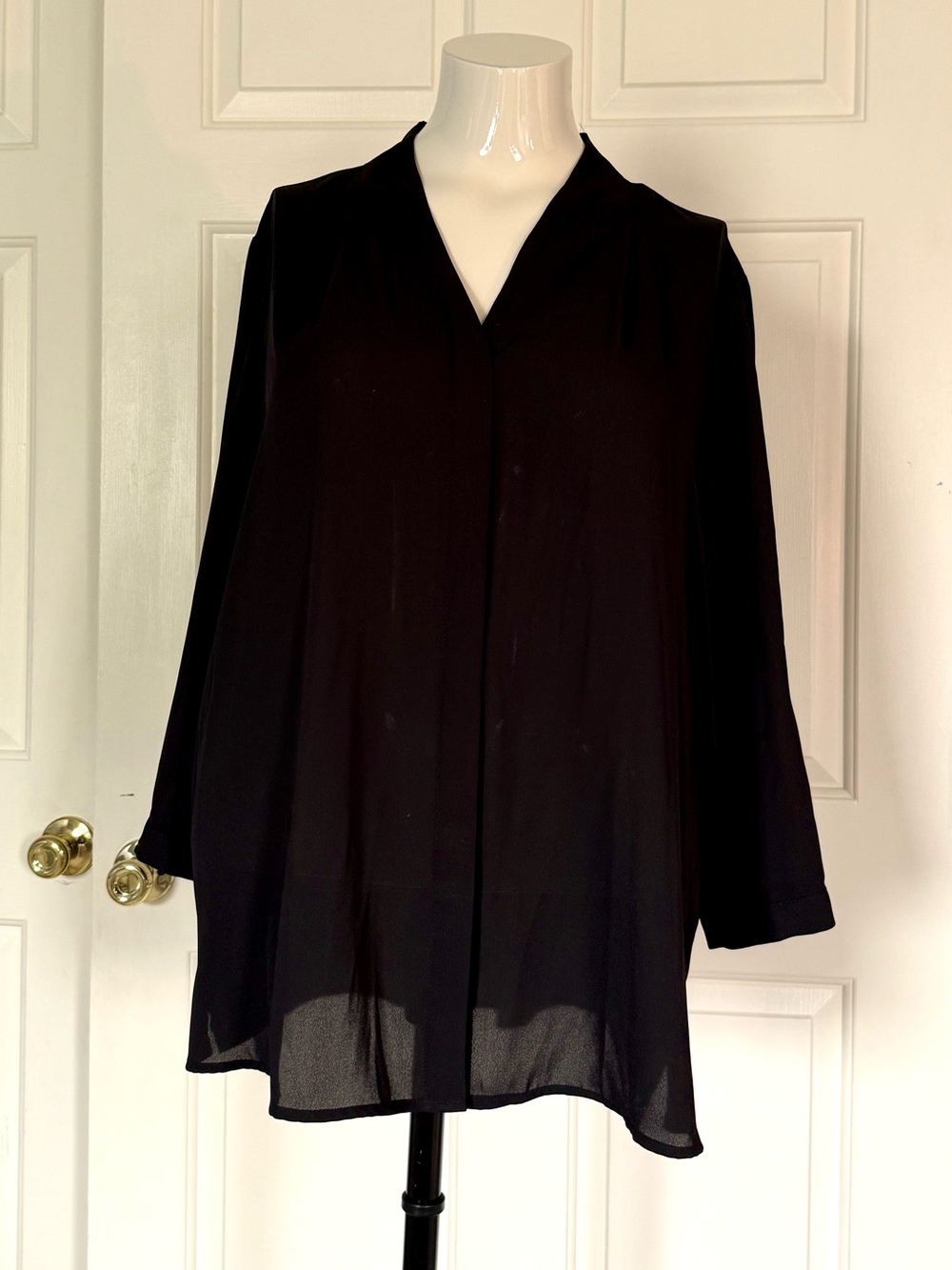 Black button down V-Neck Long Sleeve dressy Women's Top